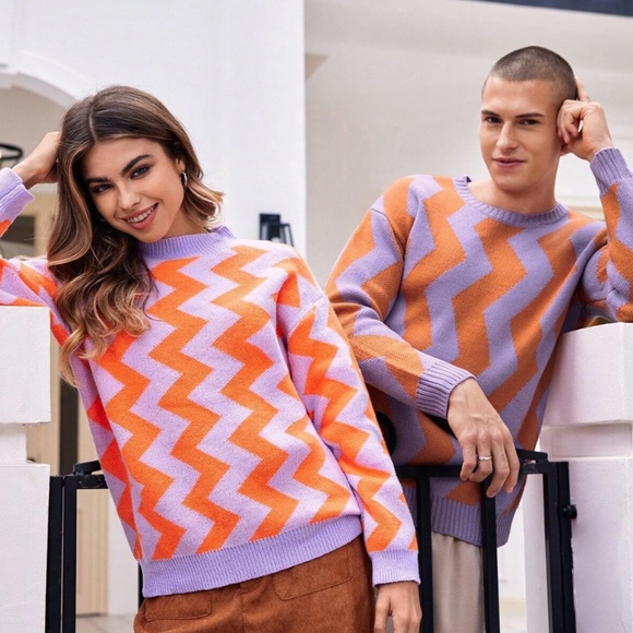 Chevron Pattern Lavender & Orange Pullover Sweater Long Sleeve - Picture 7 of 12